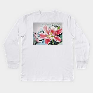 Red Lily Flower Watercolor Painting Kids Long Sleeve T-Shirt